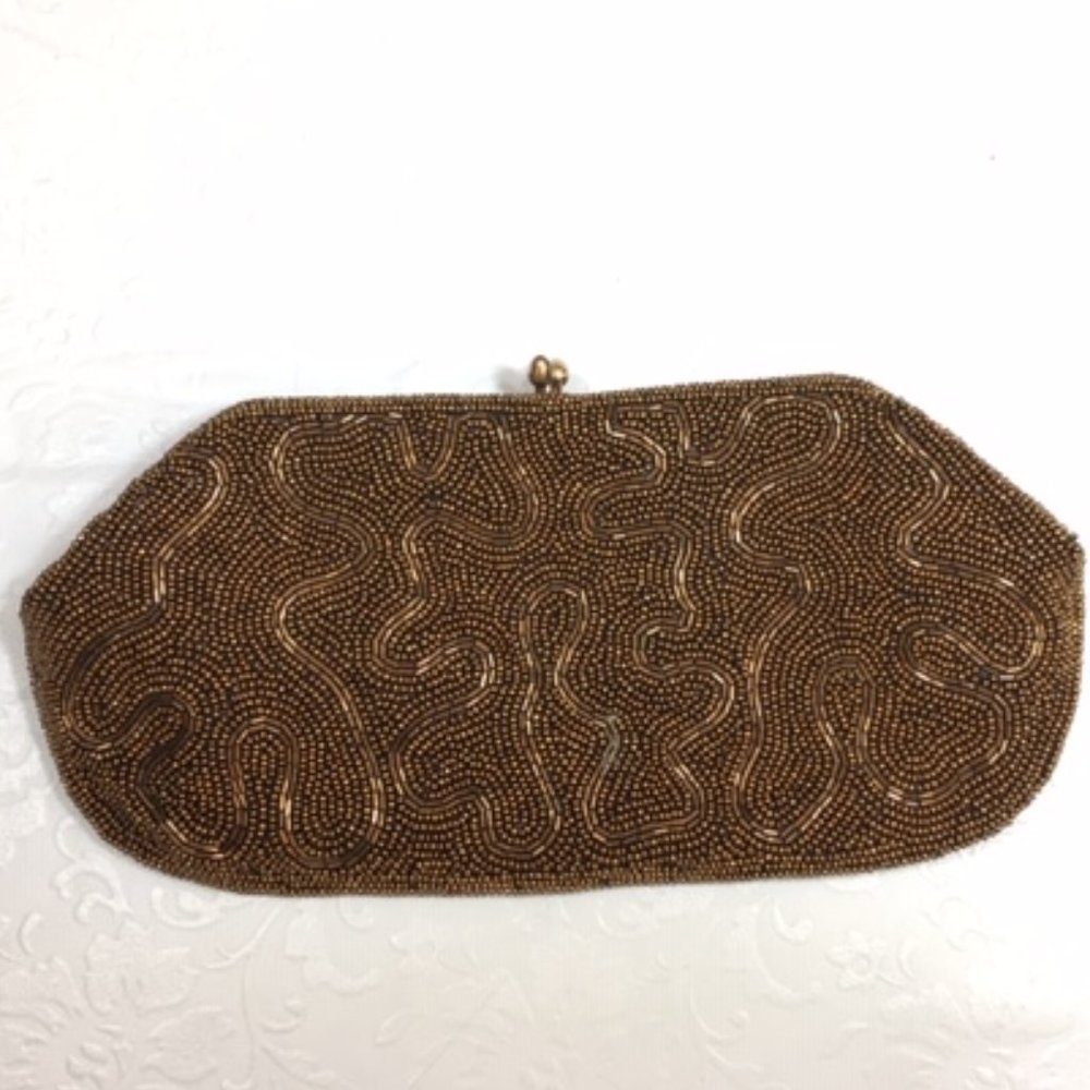Vintage Golden Brown Beaded Kiss Lock Clutch Purse Japan